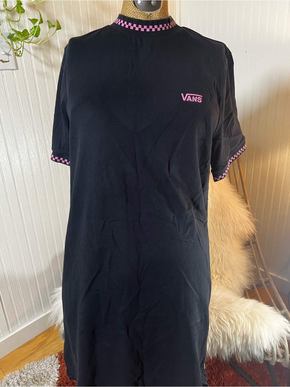 Vans Black Tee Dress with Pink Checker Trim
